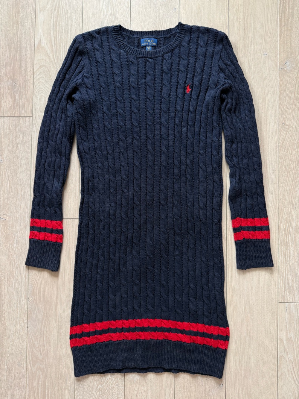 Polo Ralph Lauren Cable Knit Midi Dress in Navy & Red Girls Size XL Preppy